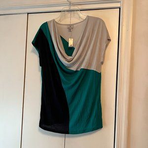 NWT! Worthington Cowlneck Blouse - Green/Navy/Silver - M